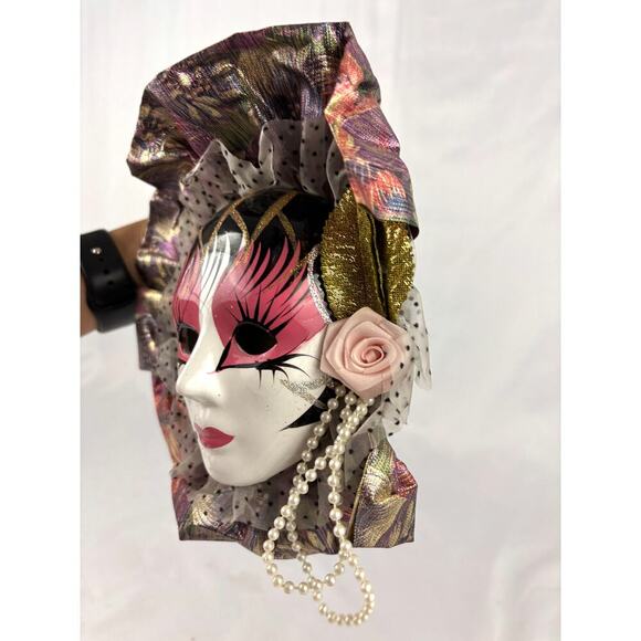 Vintage 1980s Mardi Gras Wall Mask 8" Pink Style Wall Hanging Decor Fabric - Picture 8 of 14